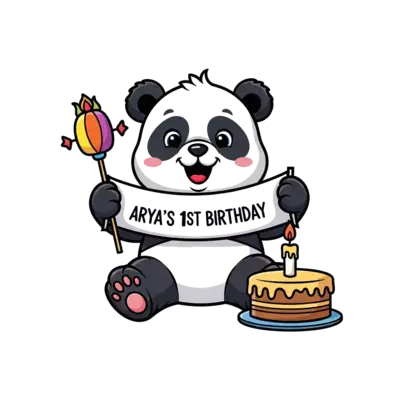 Design: An adorable cartoon baby panda sitting happily next to a small birthday cake ...