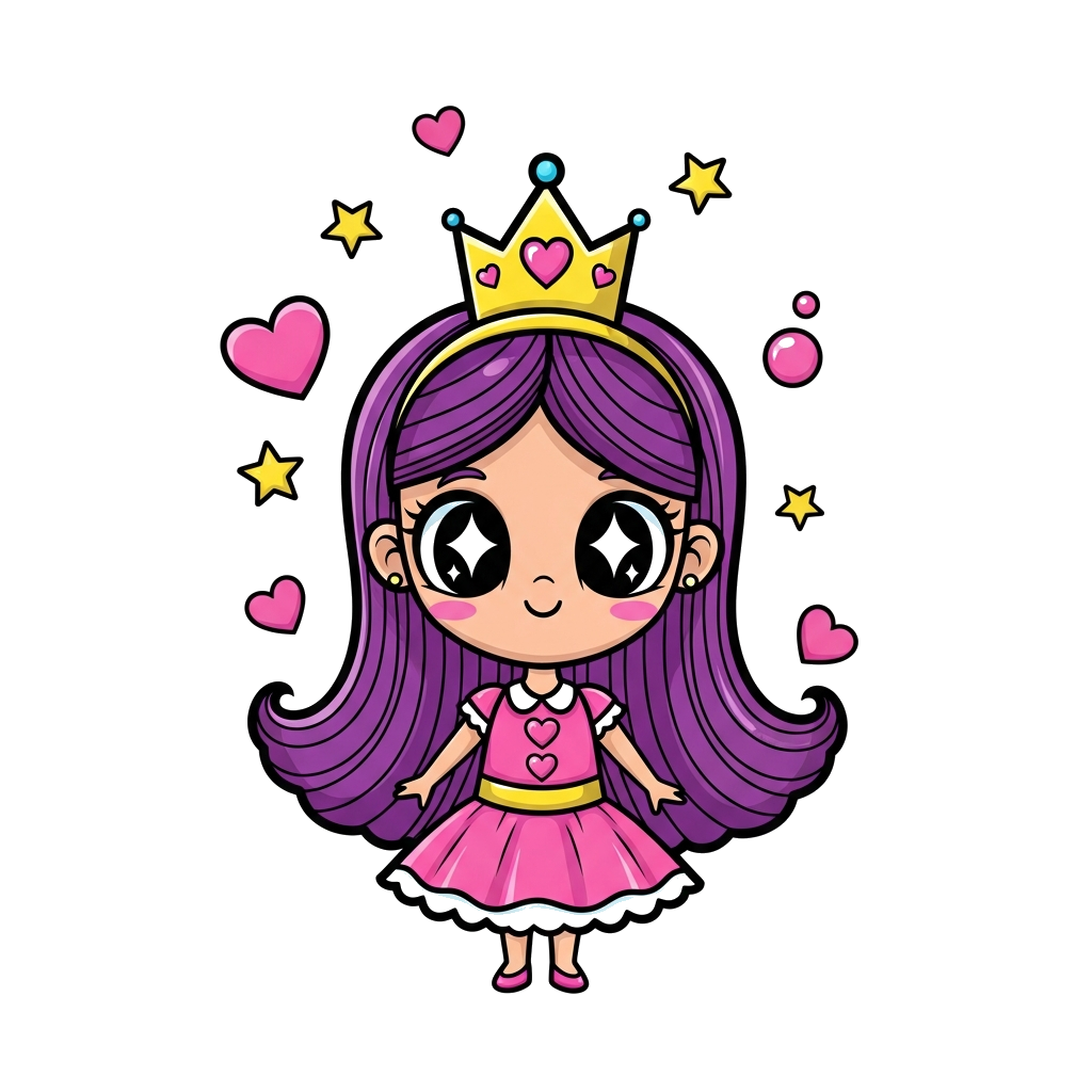 Custom design: A whimsical cartoon princess with big, sparkling eyes, surrounded by floating hearts and stars, in a soft pastel colo...