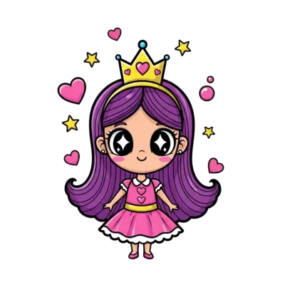 Design: A whimsical cartoon princess with big, sparkling eyes, surrounded by floating...