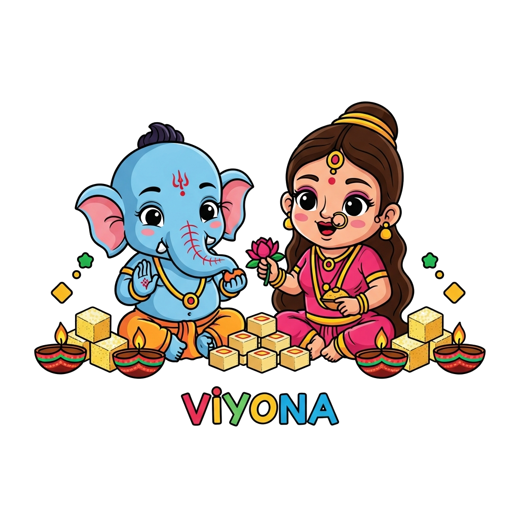 Custom design: A cute, cartoon-style illustration of a happy baby Lord Ganesha and a smiling baby Goddess Lakshmi, surrounded by col...