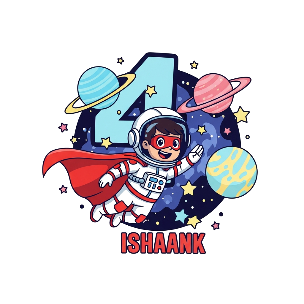 Custom design: A cute cartoon astronaut boy, 'Ishaank', wearing a superhero cape, joyfully flying through a vibrant starry space sce...