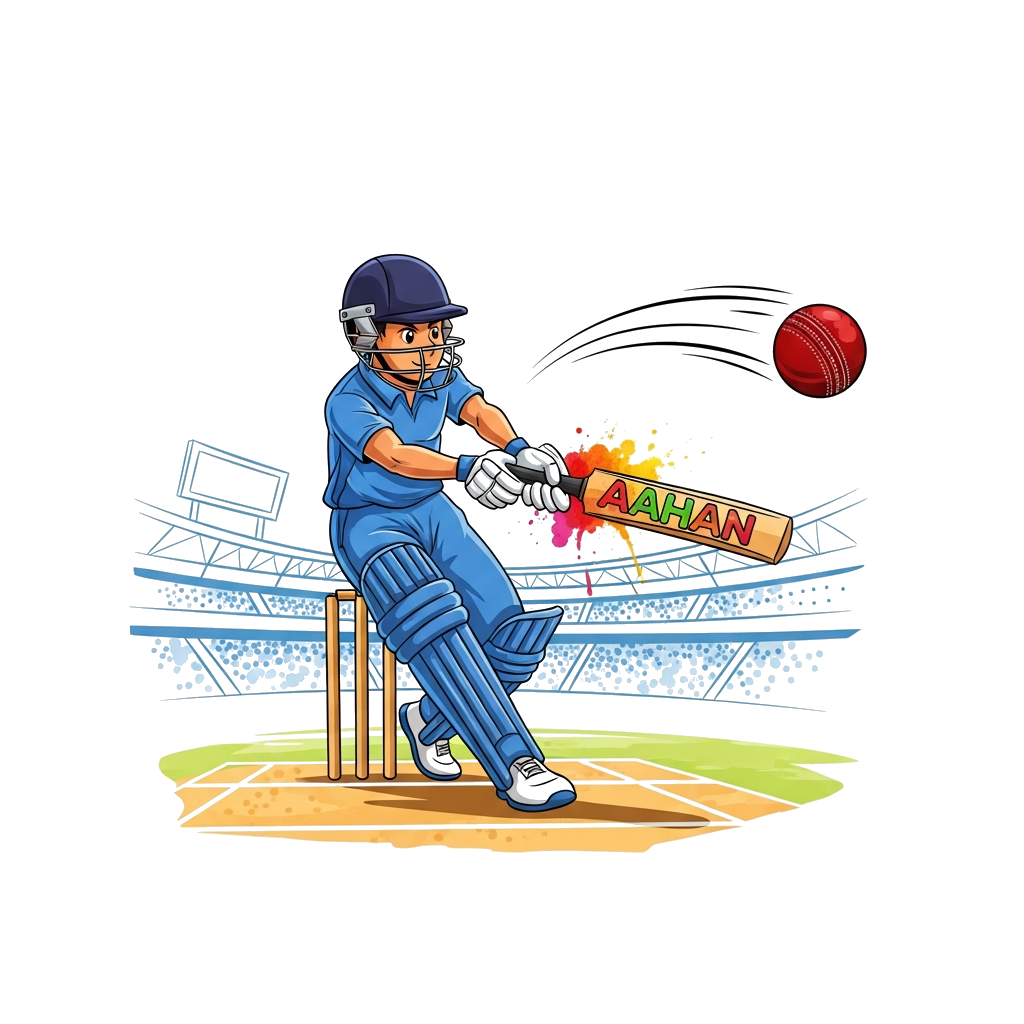 Custom design: A beautifully illustrated scene of a young, dynamic cricketer hitting a six, with 'Aahan' subtly integrated into the ...