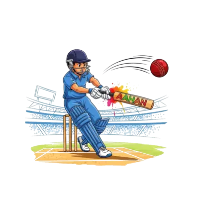 Design: A beautifully illustrated scene of a young, dynamic cricketer hitting a six, ...