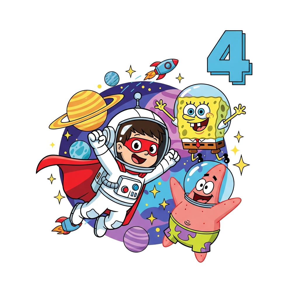 Custom design: A cute cartoon astronaut boy, 'Ishaank', wearing a superhero cape, joyfully flying through a vibrant starry space sce...