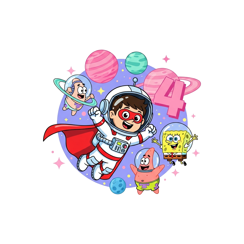 Custom design: A cute cartoon astronaut boy, 'Ishaank', wearing a superhero cape, joyfully flying through a vibrant starry space sce...