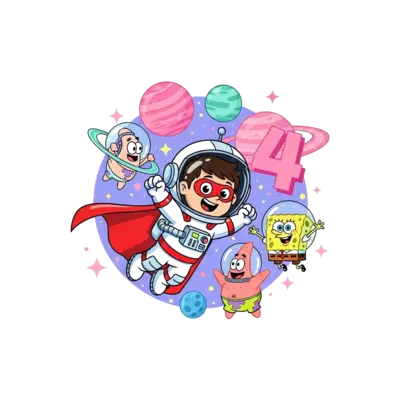 Design: A cute cartoon astronaut boy, 'Ishaank', wearing a superhero cape, joyfully f...