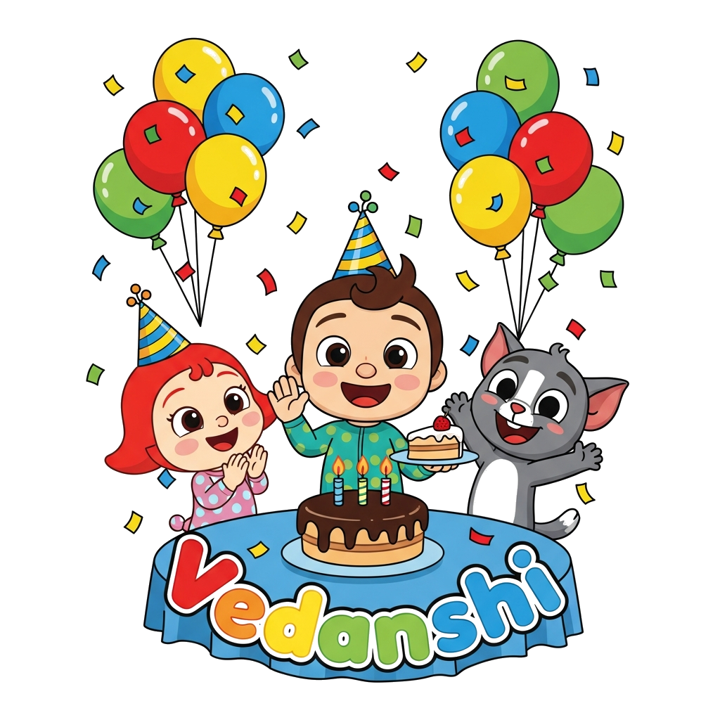Custom design: A vibrant cartoon illustration of JJ, YoYo, and TomTom from Cocomelon, cheerfully celebrating Vedanshi's 3rd birthday...