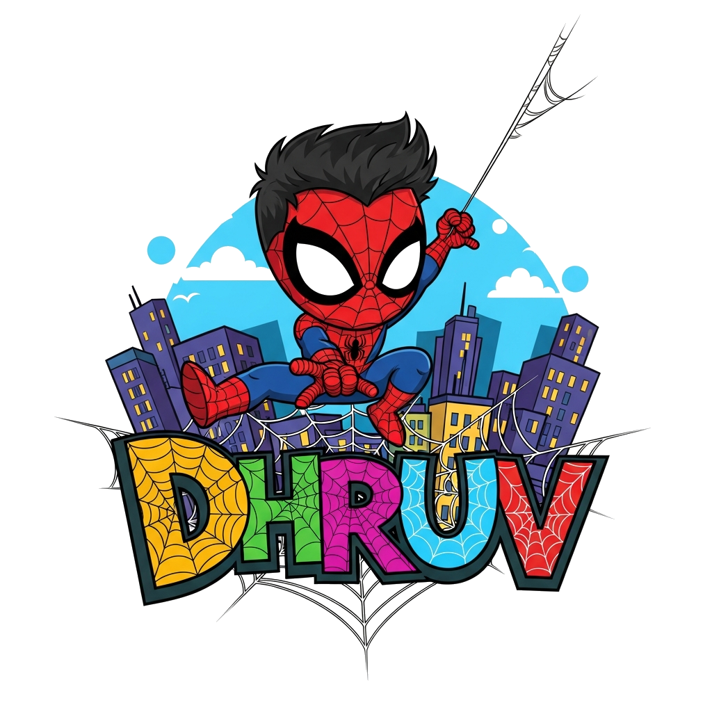 Custom design: A super cute, chibi Spiderman swinging dynamically through a vibrant, cartoon cityscape, with his name 'Dhruv' spelle...