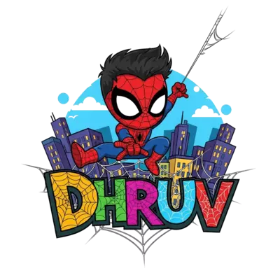 Design: A super cute, chibi Spiderman swinging dynamically through a vibrant, cartoon...