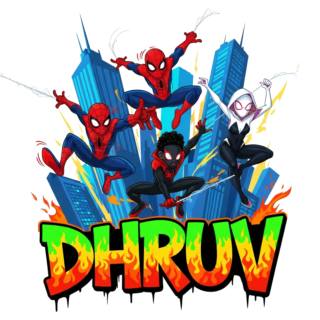 Custom design: A vibrant, dynamic comic book illustration of Spiderman, Miles Morales, and Ghost-Spider swinging through a stylized ...