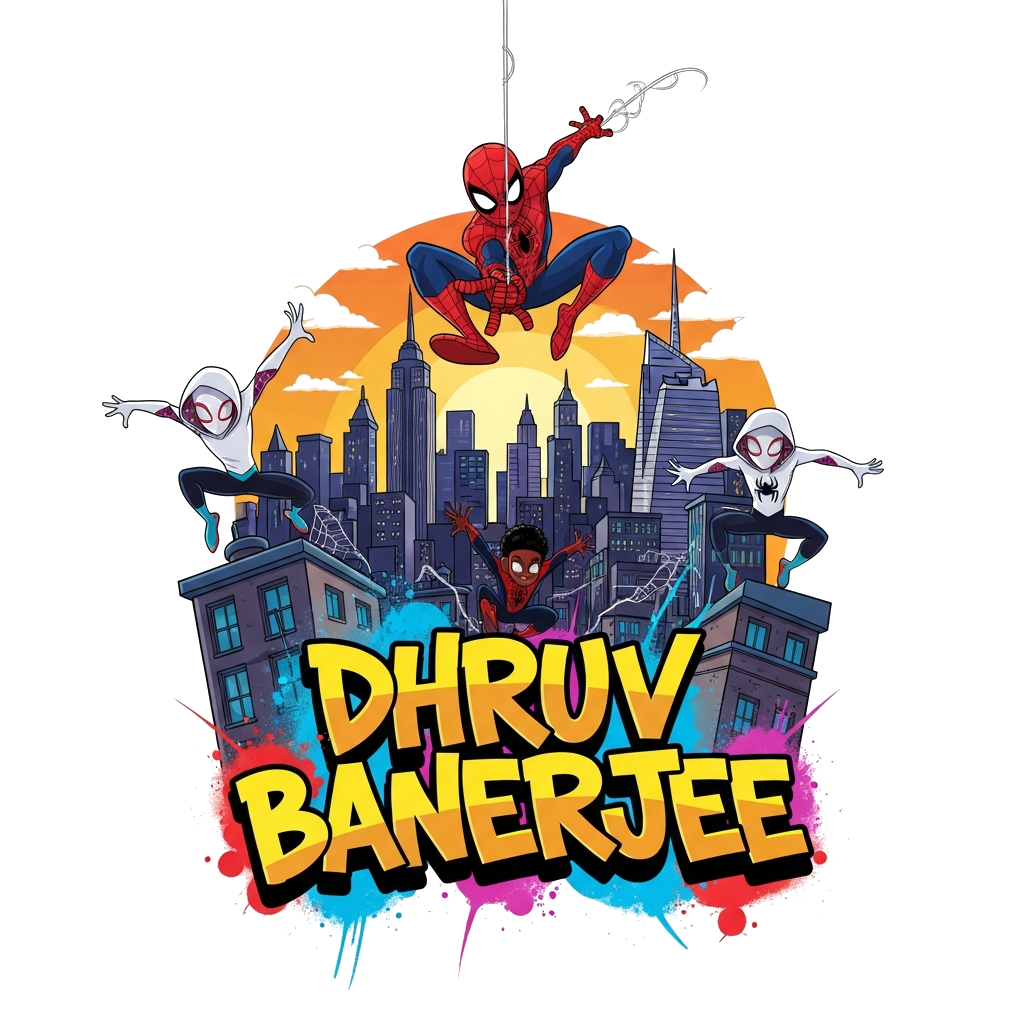 Custom design: A dynamic comic-book style illustration featuring Spider-Man swinging over a stylized New York City skyline at sunset...