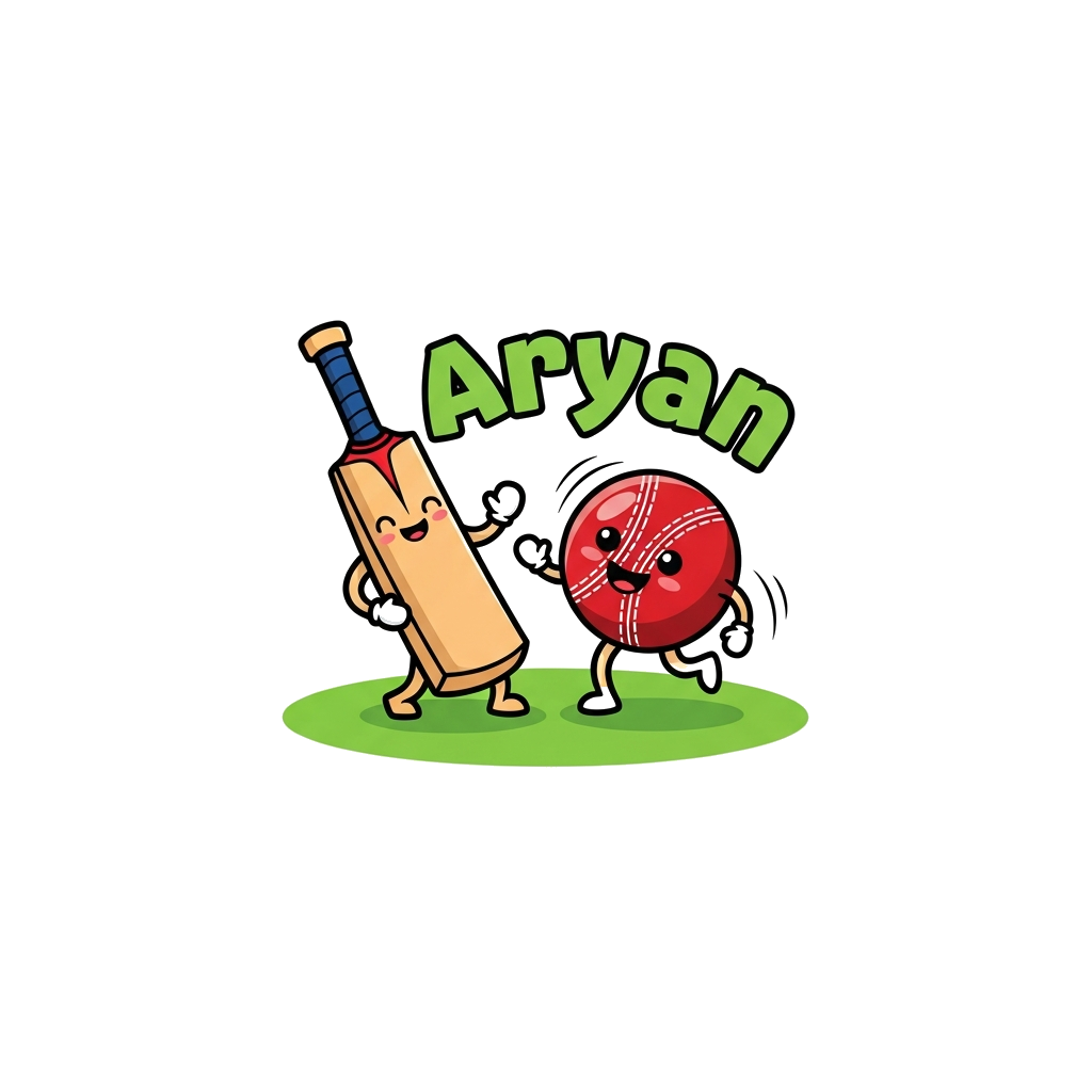 Custom design: A cute cartoon illustration of a happy little cricket bat and ball playing together, with the name 'Aryan' playfully ...