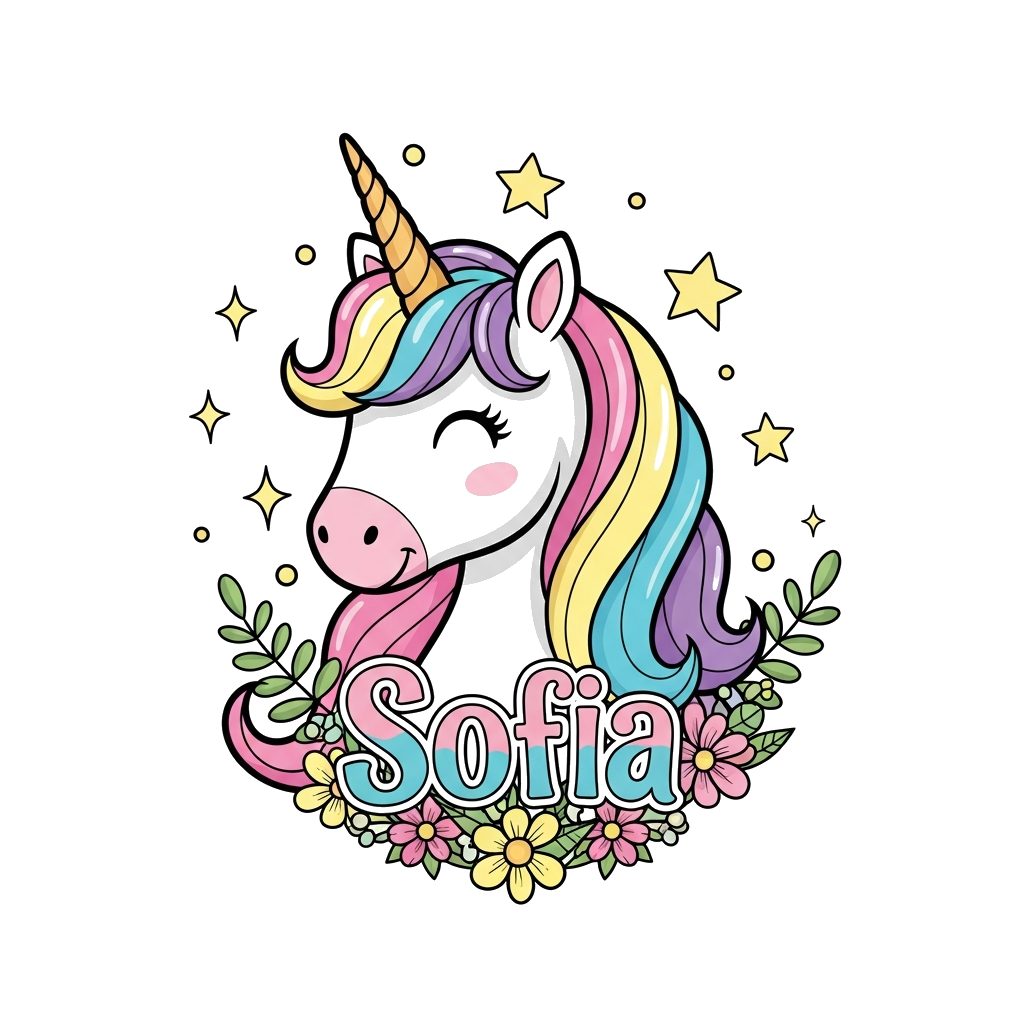 Custom design: A whimsical illustration of a happy unicorn with a rainbow mane, surrounded by sparkling stars and flowers, with the ...