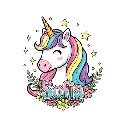 Design: A whimsical illustration of a happy unicorn with a rainbow mane, surrounded b...