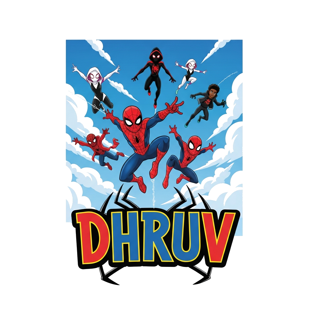 Custom design: Spider man and his friends in the blue sky white clouds and below bold spider style name Dhruv