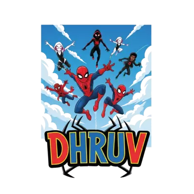 Design: Spider man and his friends in the blue sky white clouds and below bold spider...
