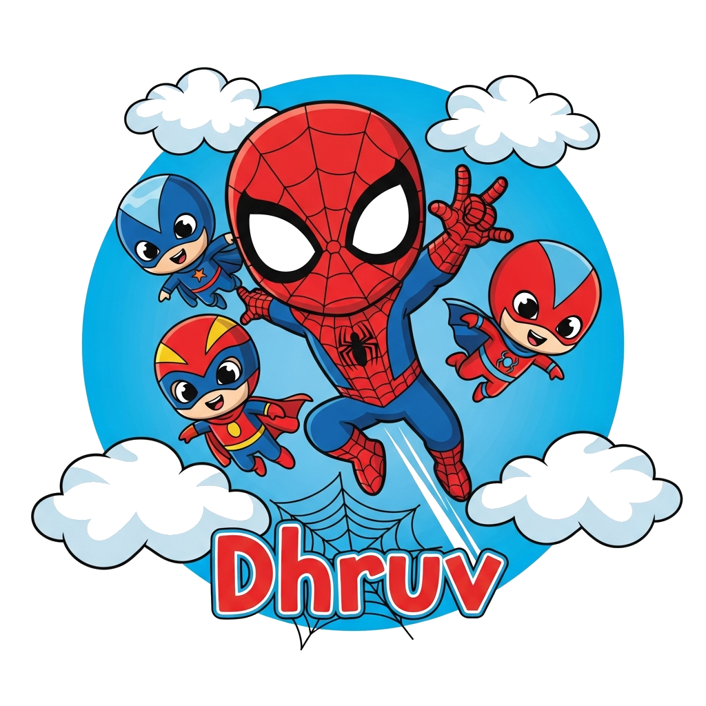 Custom design: A cute, chibi-style Spider-Man soaring through a bright blue sky with fluffy white clouds, accompanied by three other...