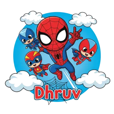 Design: A cute, chibi-style Spider-Man soaring through a bright blue sky with fluffy ...