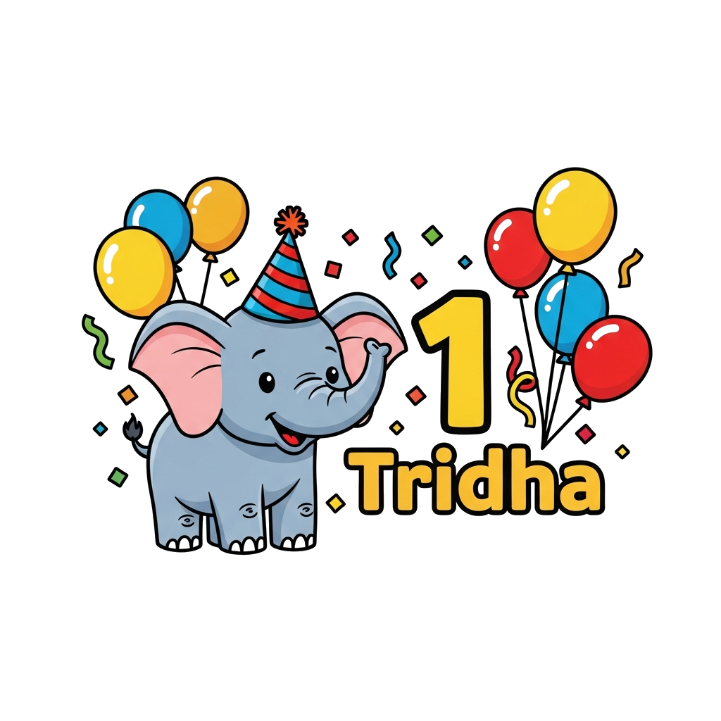 Custom design: A cheerful cartoon baby elephant wearing a party hat, surrounded by colorful balloons and confetti, with the number '...
