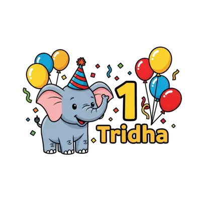 Design: A cheerful cartoon baby elephant wearing a party hat, surrounded by colorful ...