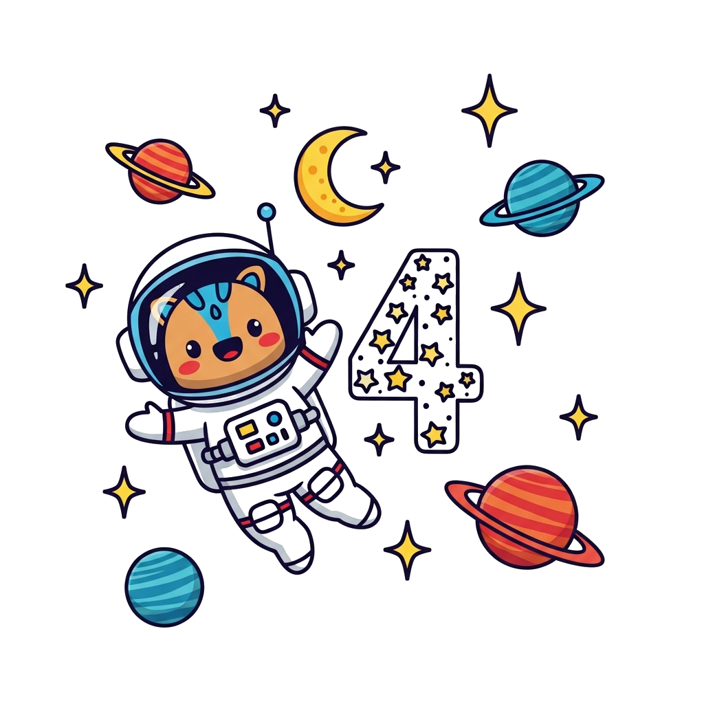 Custom design: A cute cartoon astronaut character, maybe a friendly alien or a happy animal in a space suit, floating in space with ...