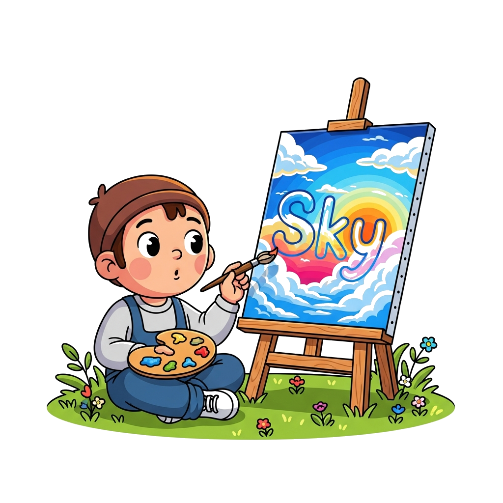 Custom design: A realistic illustration of a child (gender neutral) holding a paintbrush and palette, sitting peacefully in a lush g...