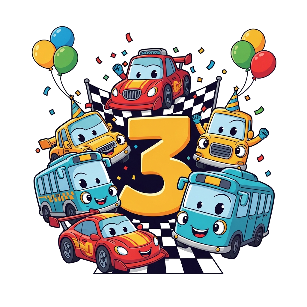 Custom design: A joyful scene with various cute, anthropomorphic cars and vehicles (like a race car, a truck, a bus) in bright, vibr...