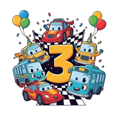 Design: A joyful scene with various cute, anthropomorphic cars and vehicles (like a r...