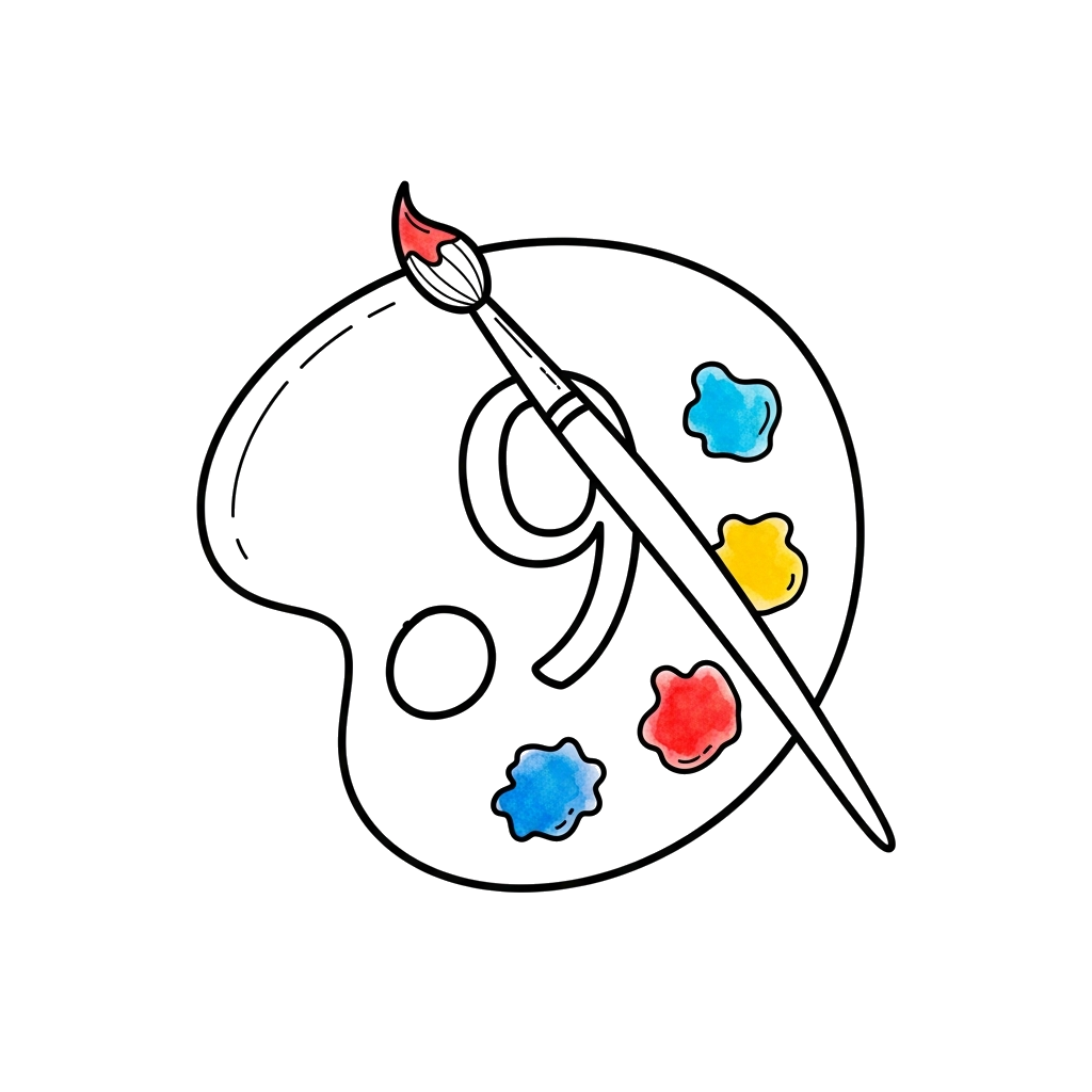 Custom design: A minimalist line art illustration of an artist's palette and paintbrush, with a subtle number 9 integrated into the ...