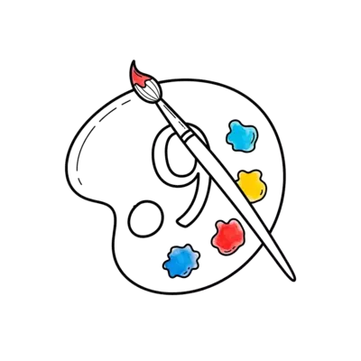 Design: A minimalist line art illustration of an artist's palette and paintbrush, wit...