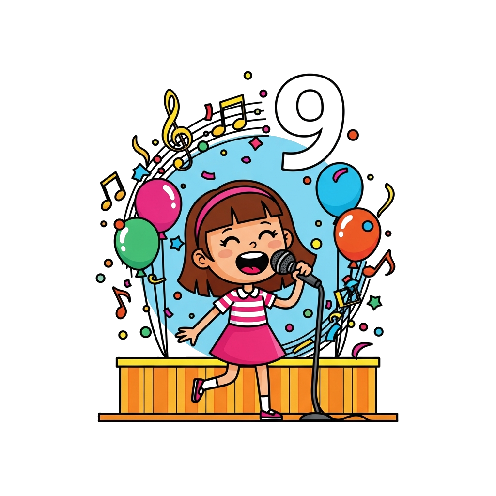 Custom design: A cheerful cartoon girl with a microphone, singing happily on a stage adorned with musical notes, balloons, and confe...