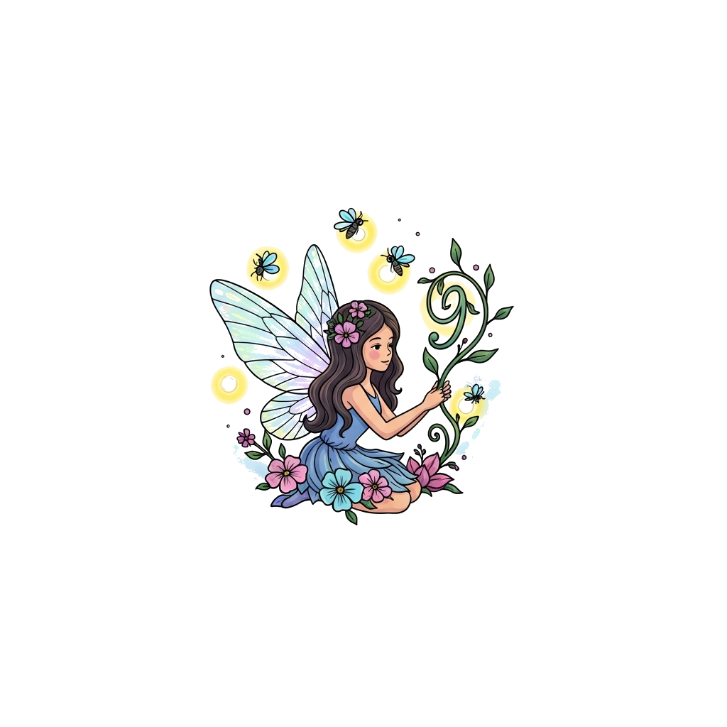 Custom design: A whimsical fairy princess with delicate, iridescent wings, surrounded by glowing fireflies and mystical flowers, wit...