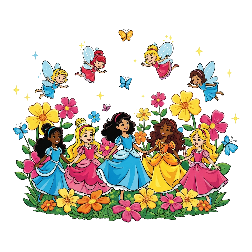 Custom design: A vibrant cartoon illustration of a diverse group of cheerful princesses and flying fairies, all with bold outlines a...
