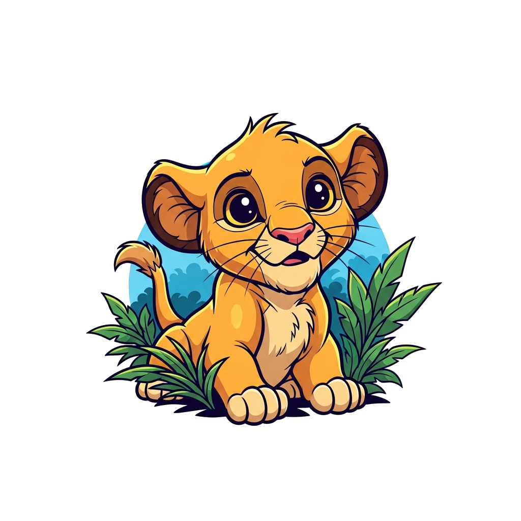 Custom design: A super adorable, fluffy baby Simba cub with big, sparkling eyes, looking curious and playful in a bright, lush jungl...