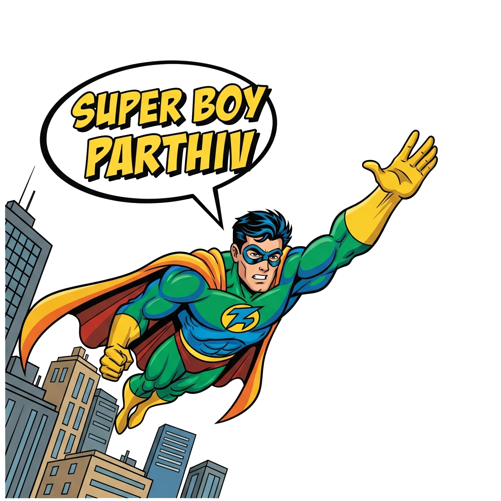 Custom design: A dynamic comic book style illustration of a superhero flying through a cityscape, with a bold 'Super boy Parthiv' ca...