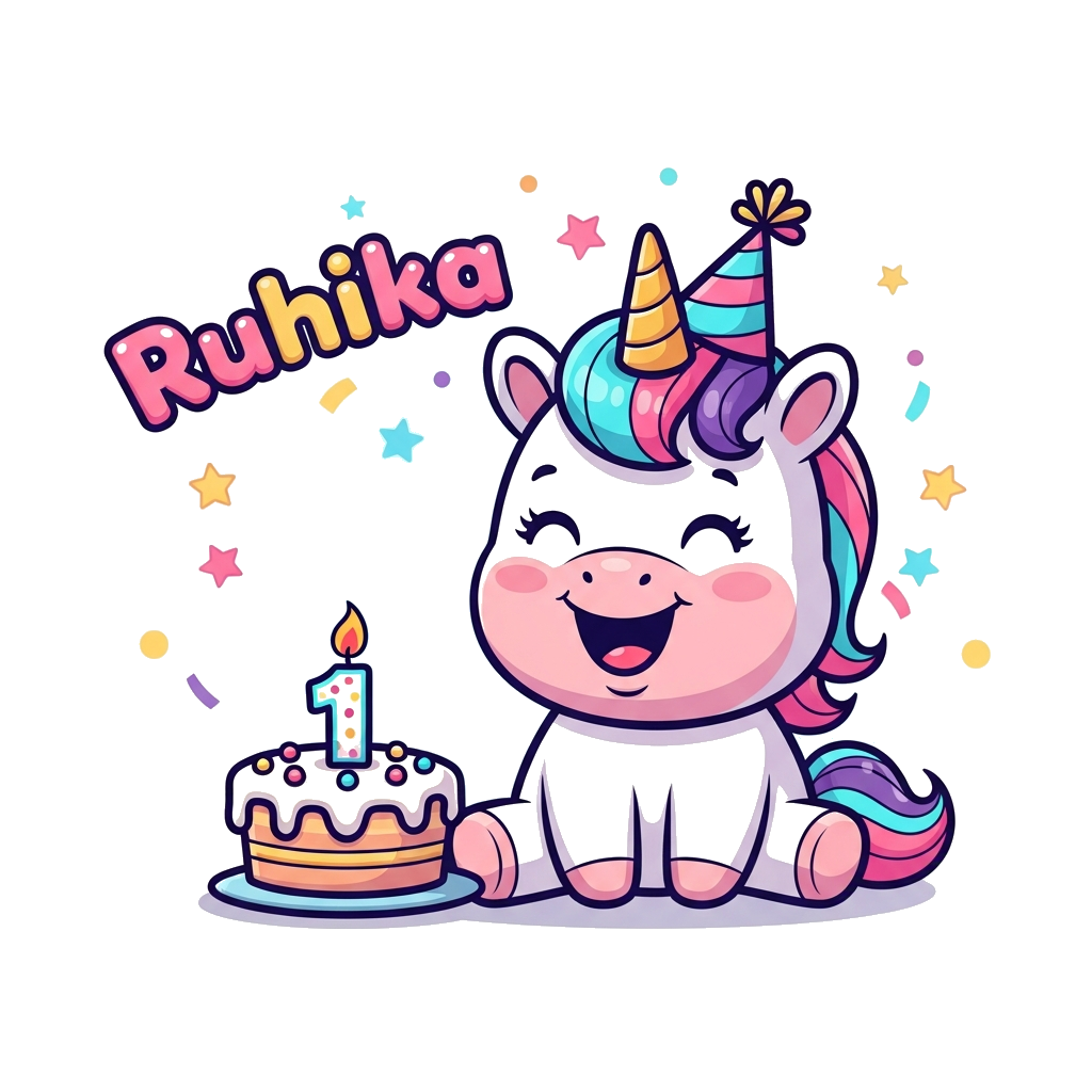 Custom design: A super cute, chubby baby unicorn cartoon character, smiling happily, wearing a tiny party hat. It's sitting next to ...