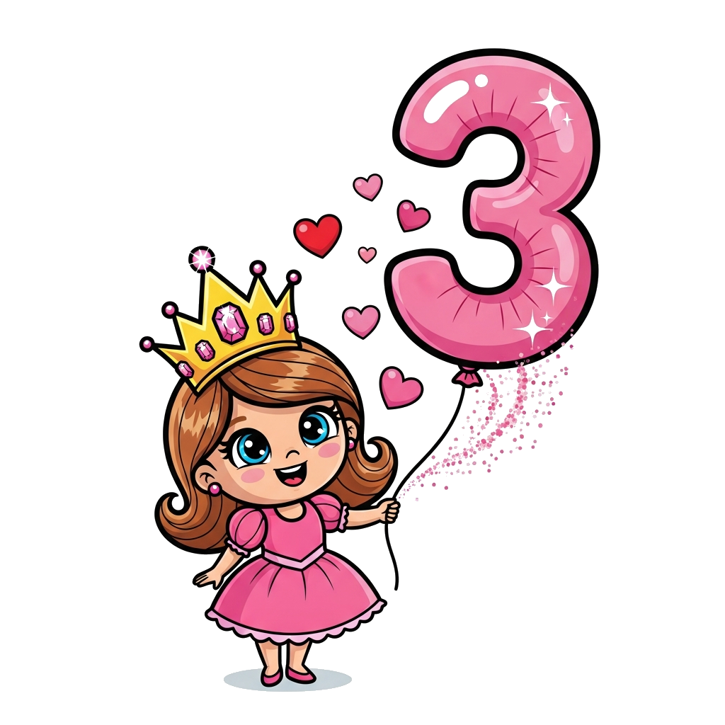 Custom design: A cute cartoon princess with a sparkling crown, holding a number '3' balloon, surrounded by magical glitter and tiny ...