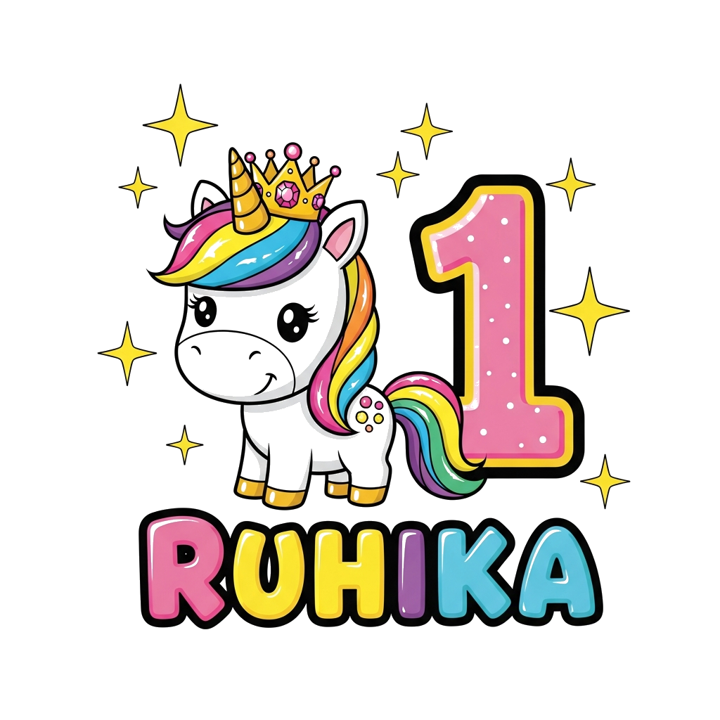 Custom design: A cute cartoon baby unicorn wearing a tiny princess crown, surrounded by sparkling stars and the number '1', with 'Ru...