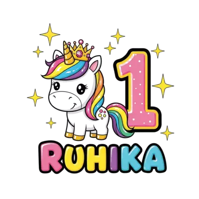 Design: A cute cartoon baby unicorn wearing a tiny princess crown, surrounded by spar...