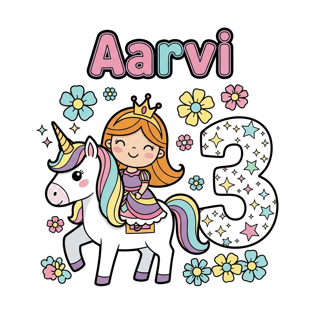 Custom design: An adorable cartoon princess riding a friendly unicorn, with 'Aarvi' written in a playful font, surrounded by whimsic...