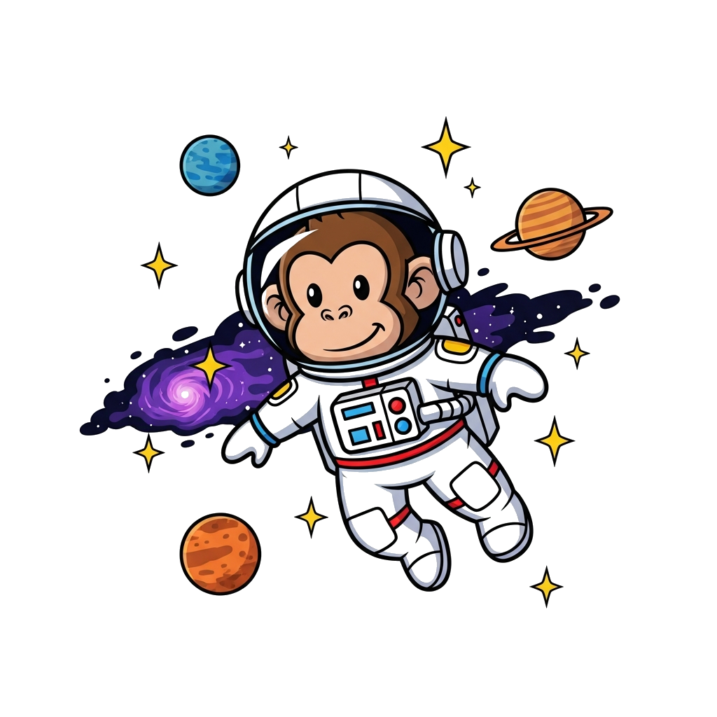 Custom design: A cheerful cartoon monkey astronaut floating in zero gravity, wearing a shiny space helmet and suit, surrounded by tw...