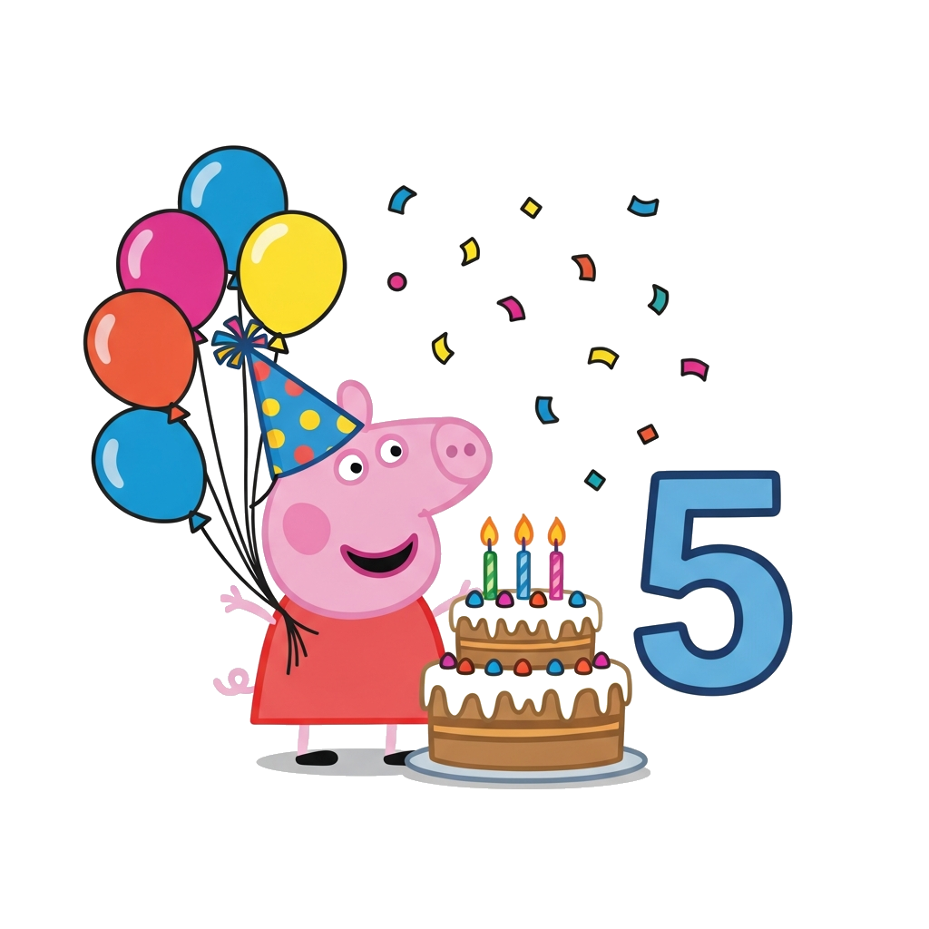 Custom design: A cheerful cartoon illustration of Peppa Pig celebrating with a big birthday cake, wearing a party hat, surrounded by...