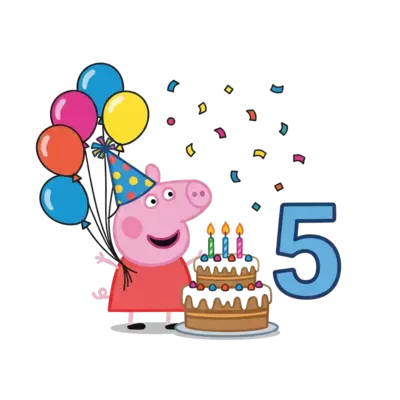 Design: A cheerful cartoon illustration of Peppa Pig celebrating with a big birthday ...