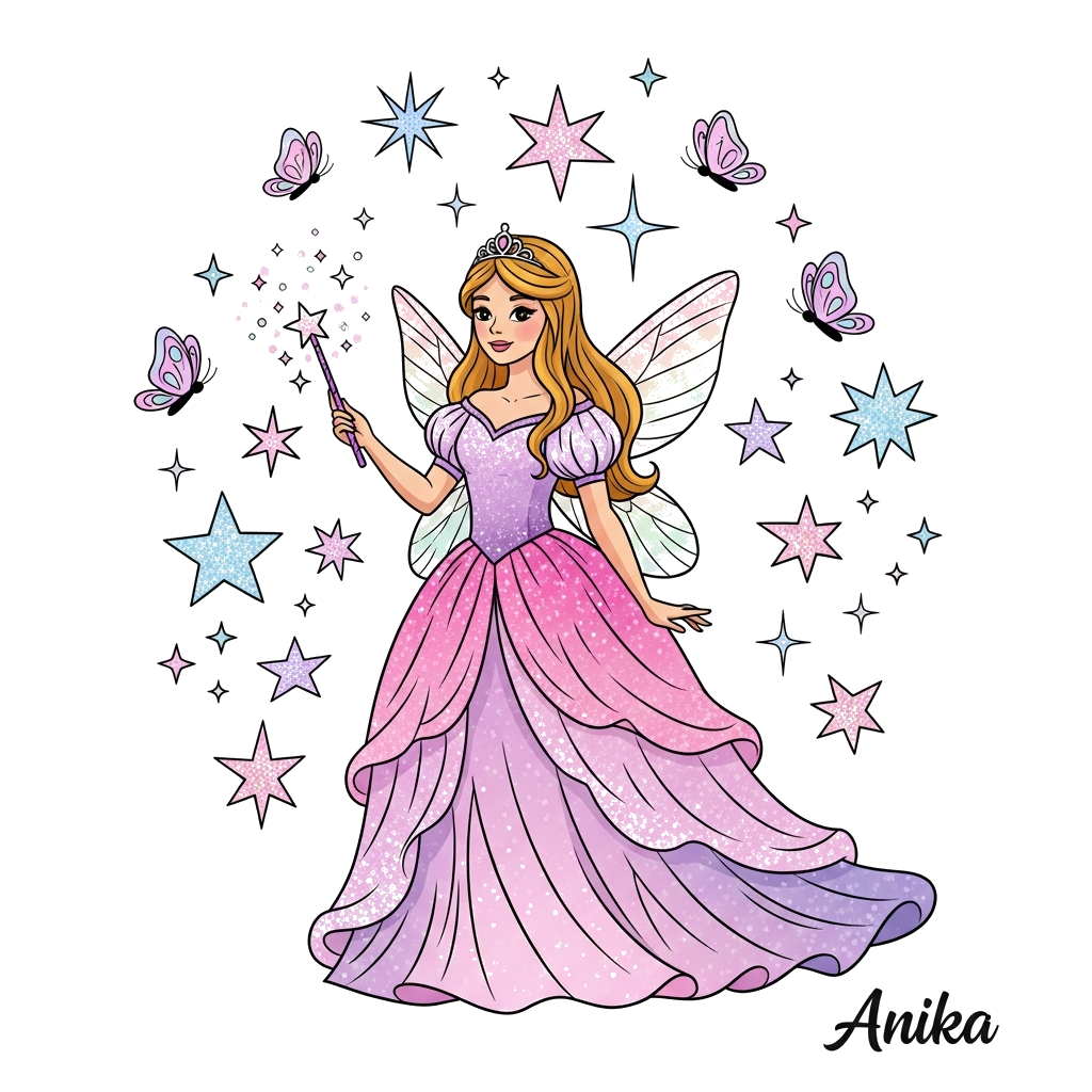 Custom design: A whimsical illustration of a beautiful fairy princess named Anika, with flowing sparkly gown and a magical wand, sur...