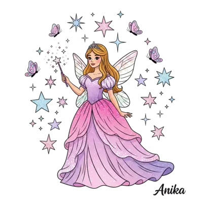 Design: A whimsical illustration of a beautiful fairy princess named Anika, with flow...
