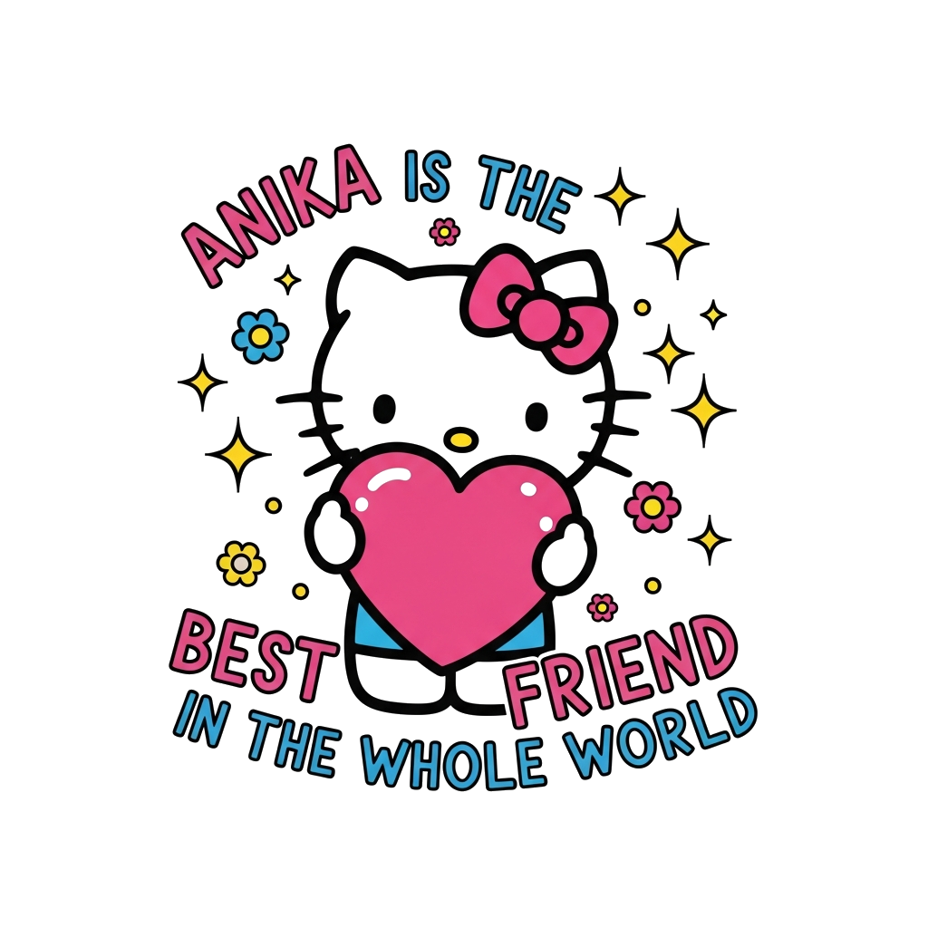 Custom design: A cheerful Hello Kitty character holding a giant heart, with the text "Anika is the best friend in the whole world" p...
