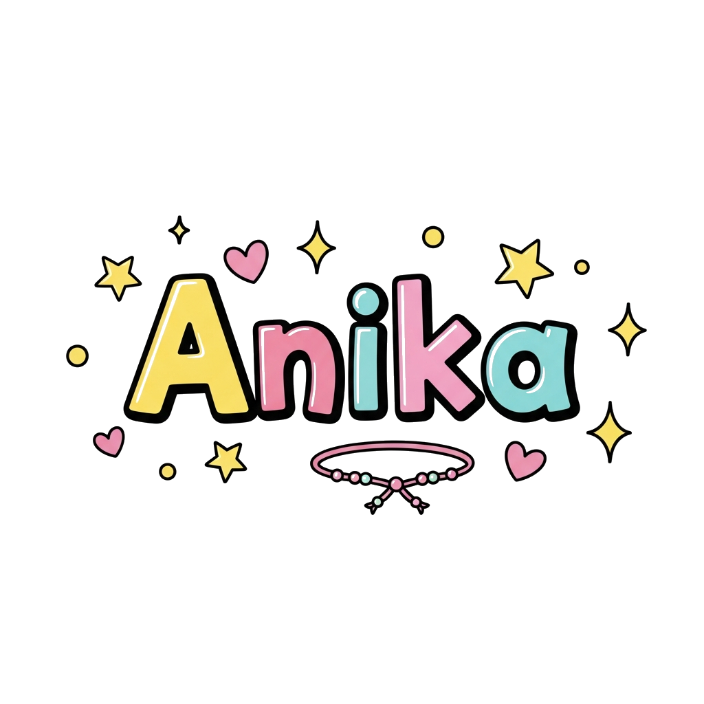 Custom design: A whimsical illustration of the name "Anika" written in a playful, colorful font, surrounded by sparkling stars, tiny...