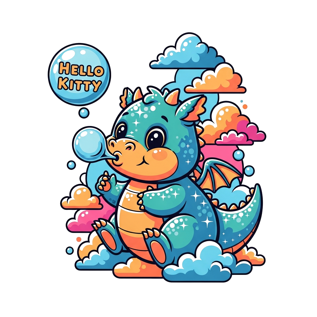 Custom design: A cute, chubby baby dragon with sparkling scales and big friendly eyes, playfully blowing bubbles amidst a vibrant, c...