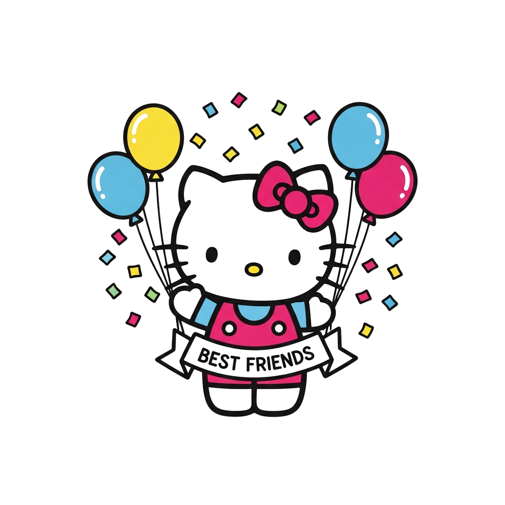 Custom design: A super cute Hello Kitty character illustration, surrounded by confetti and colorful balloons, with a tiny banner tha...