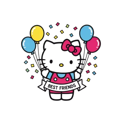 Design: A super cute Hello Kitty character illustration, surrounded by confetti and c...